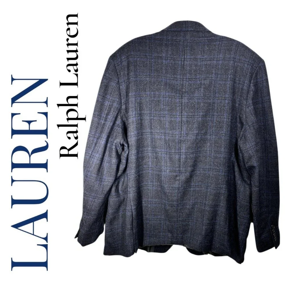 LAUREN RALPH LAUREN MEN’S 100% WOOL PLAID‎ BLAZER 2-BUTTON GRAY BLUE, SIZE 48R